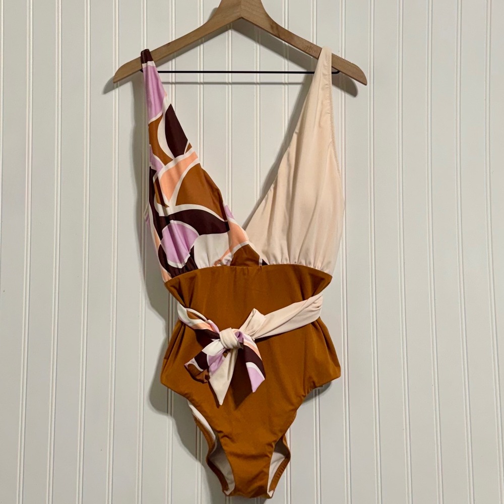 NWT Sanctuary Swim Retro 70s Colorblock Wrap One Piece Swimsuit Womens XL Brown